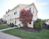 Light-colored siding exterior with white window trim and a prominent flowering tree Light-colored siding exterior with white window trim and a prominent flowering tree