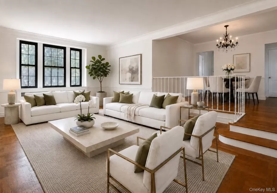 Virtually staged living room with gallery dining area in the background Virtually staged living room with gallery dining area in the background