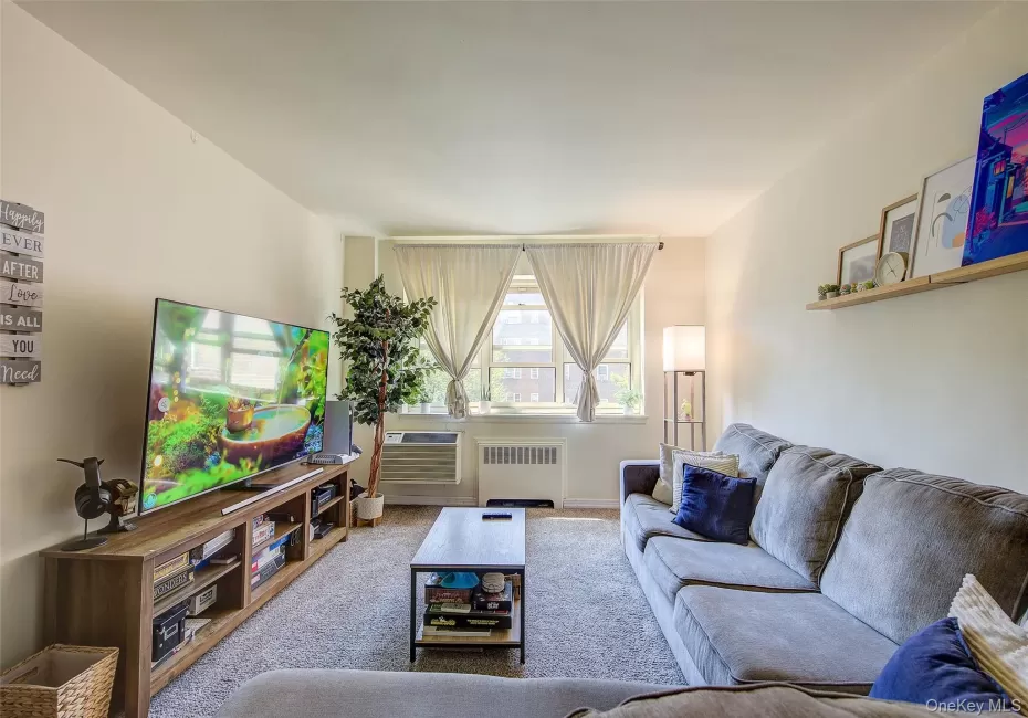 Carpeted living room featuring radiator and a wall mounted air conditioner Carpeted living room featuring radiator and a wall mounted air conditioner