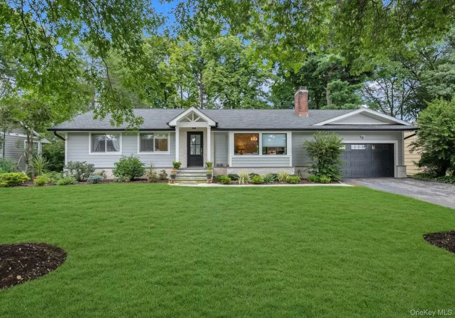 Single-story residence featuring light gray siding and a dark shingle roof Single-story residence featuring light gray siding and a dark shingle roof