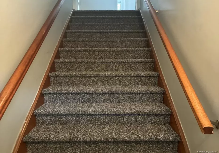 Carpeted staircase featuring wood handrails and light-toned wall finishes Carpeted staircase featuring wood handrails and light-toned wall finishes