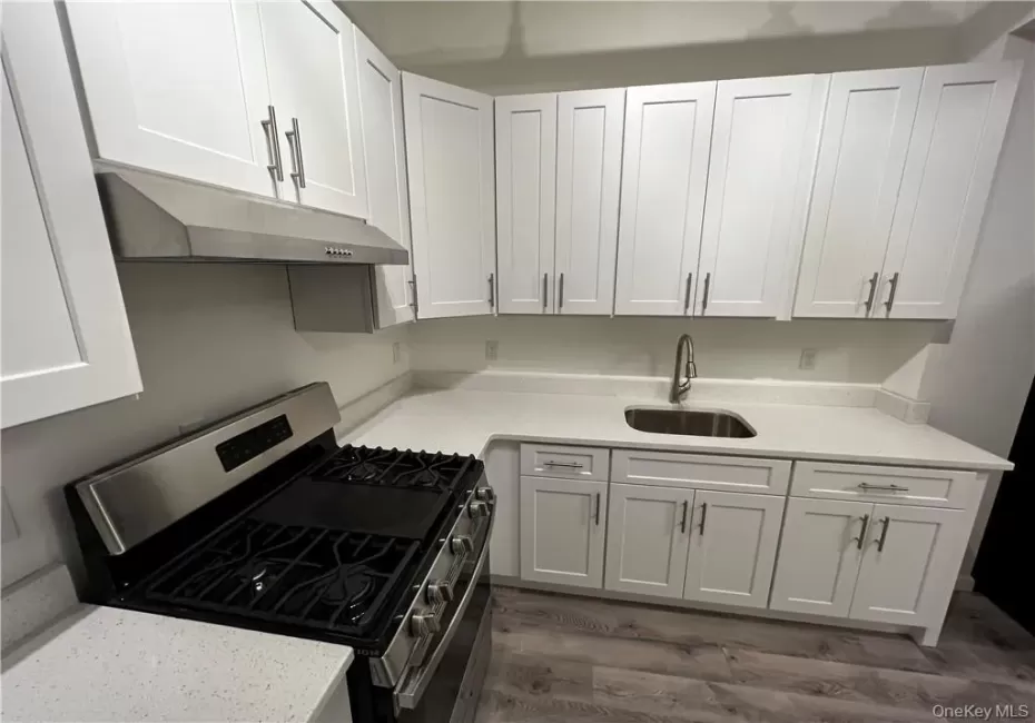 Kitchen with dark hardwood / wood-style flooring, stainless steel gas stove, white cabinets, and sink Kitchen with dark hardwood / wood-style flooring, stainless steel gas stove, white cabinets, and sink