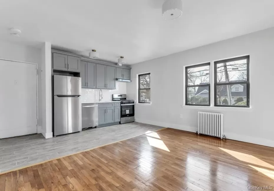 Kitchen featuring gray cabinetry, appliances with stainless steel finishes, light wood-type flooring, decorative backsplash, and radiator Kitchen featuring gray cabinetry, appliances with stainless steel finishes, light wood-type flooring, decorative backsplash, and radiator