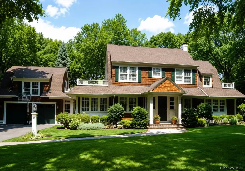 Expansive lawn with mature landscaping, a two-car garage with arched doors, a covered entry with white columns, and wood shake siding with white trim Expansive lawn with mature landscaping, a two-car garage with arched doors, a covered entry with white columns, and wood shake siding with white trim