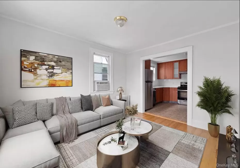 Living area featuring radiator heating unit, light wood-style floors, and ornamental molding Living area featuring radiator heating unit, light wood-style floors, and ornamental molding