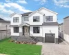 White siding exterior with black-framed windows, stone accent foundation, and a paver driveway White siding exterior with black-framed windows, stone accent foundation, and a paver driveway