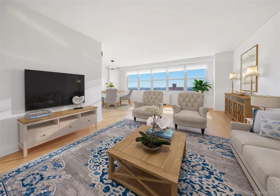 Staged living dining with wall of windows Staged living dining with wall of windows