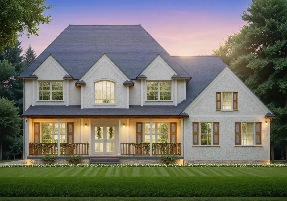 Rear view of property featuring a lawn and a porch Rear view of property featuring a lawn and a porch