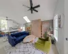 Vaulted ceiling with skylights, exposed brick wall, and a ceiling fan Vaulted ceiling with skylights, exposed brick wall, and a ceiling fan