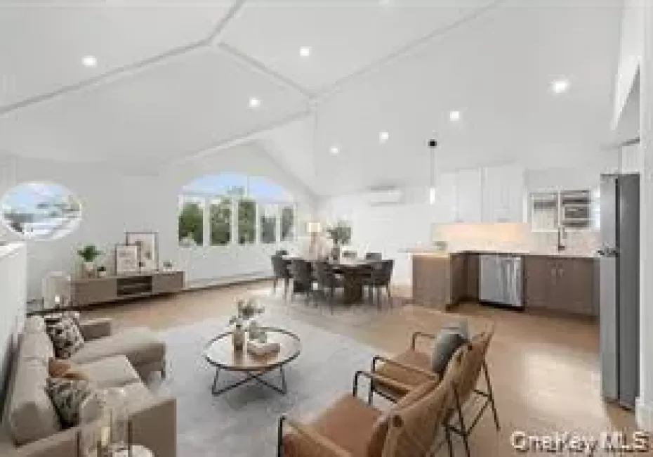 Vaulted ceiling with recessed lighting, Open floor Plan flooring, kitchen with stainless steel appliances, and Kitchen dining area Vaulted ceiling with recessed lighting, Open floor Plan flooring, kitchen with stainless steel appliances, and Kitchen dining area