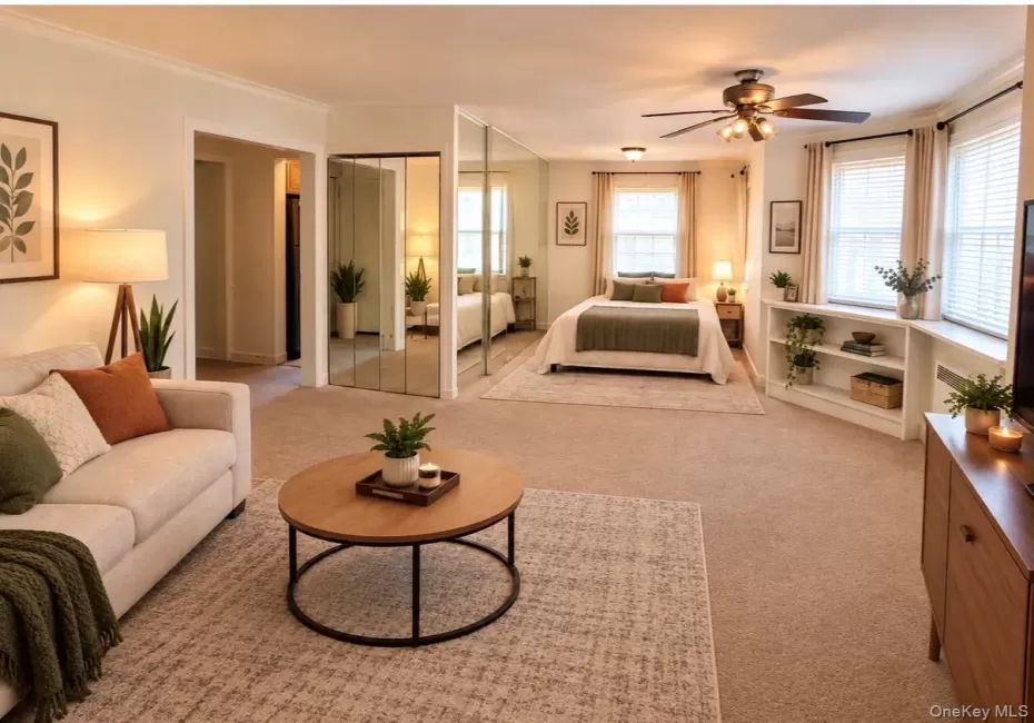Virtually Staged-Mirrored closet doors, ceiling fan, multiple windows with blinds, built-in shelving. Virtually Staged-Mirrored closet doors, ceiling fan, multiple windows with blinds, built-in shelving.