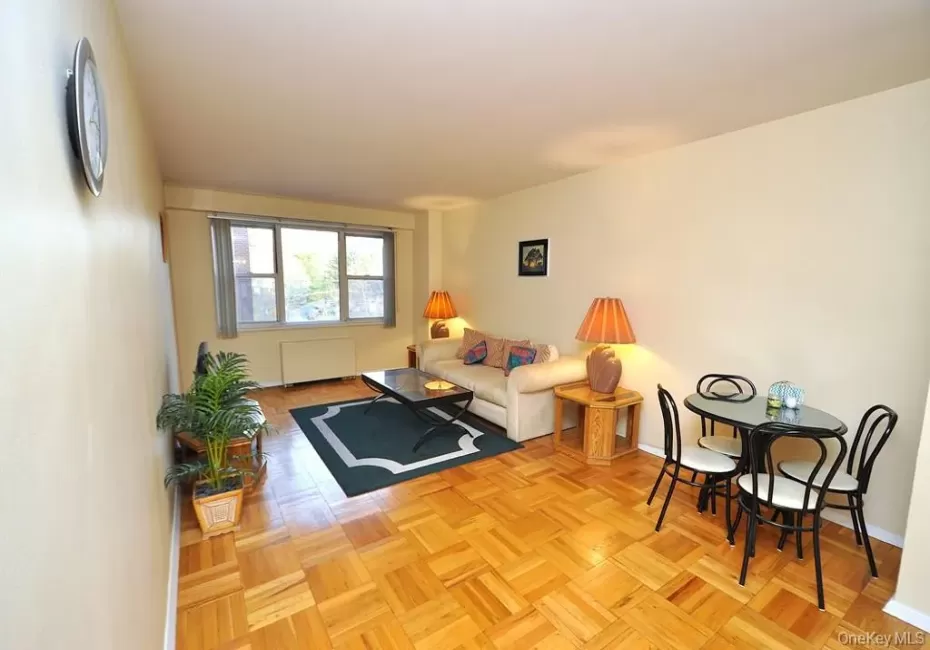 Living room and dining area have Eastern Views and parquet floors. The room is approx. 18'-9" x 11'-3" Living room and dining area have Eastern Views and parquet floors. The room is approx. 18'-9" x 11'-3"