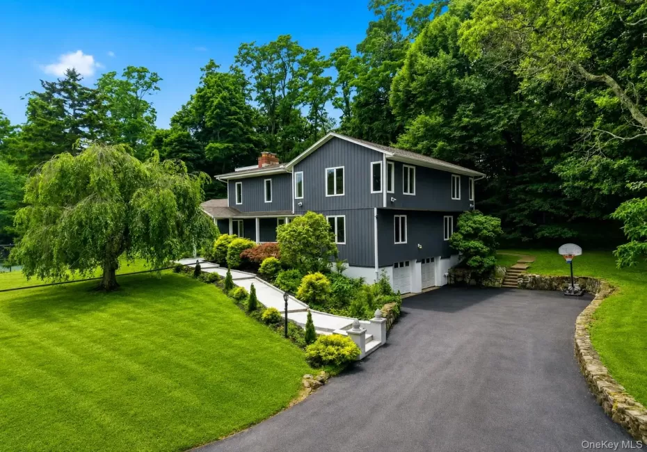 Contemporary two-story exterior with dark gray siding and white trim Contemporary two-story exterior with dark gray siding and white trim