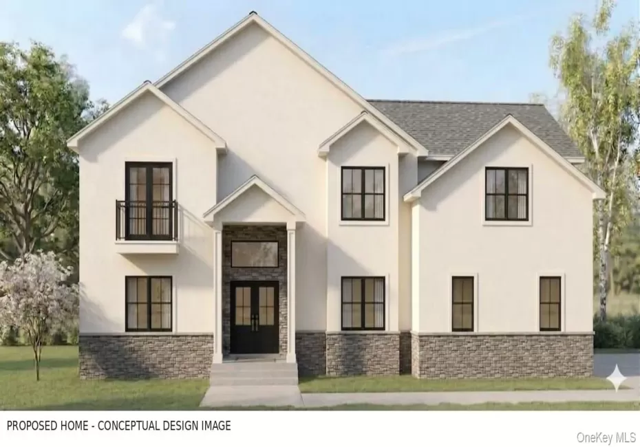 Conceptual exterior design for the to-be-built home. Architectural potential only; not a photograph of a completed home. Smooth stucco and stone, white side-facing garage doors. Conceptual exterior design for the to-be-built home. Architectural potential only; not a photograph of a completed home. Smooth stucco and stone, white side-facing garage doors.
