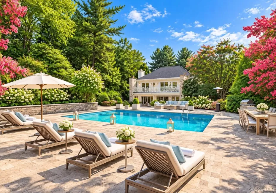 Expansive outdoor entertaining area featuring a large swimming pool, paver patio, and mature landscaping with flowering trees and shrubs Expansive outdoor entertaining area featuring a large swimming pool, paver patio, and mature landscaping with flowering trees and shrubs