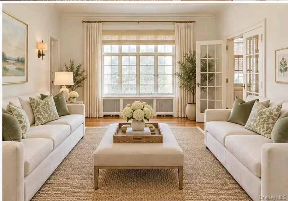Virtually staged living room with views of the village Virtually staged living room with views of the village