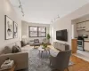 Large living room with oversized windows and hardwood floors Large living room with oversized windows and hardwood floors