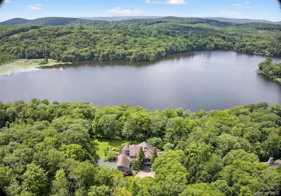 Drone / aerial view of a forest and a nearby body of water Drone / aerial view of a forest and a nearby body of water