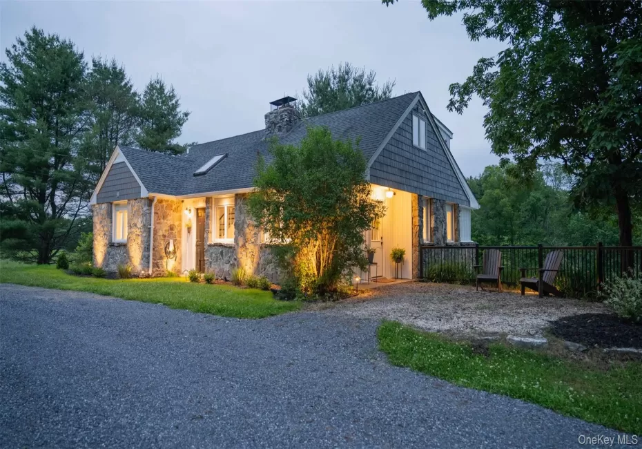 View of front of home featuring stone siding, a chimney, and a shingled roof View of front of home featuring stone siding, a chimney, and a shingled roof