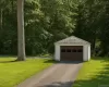 Detached garage with aphalt driveway and a wooded view Detached garage with aphalt driveway and a wooded view