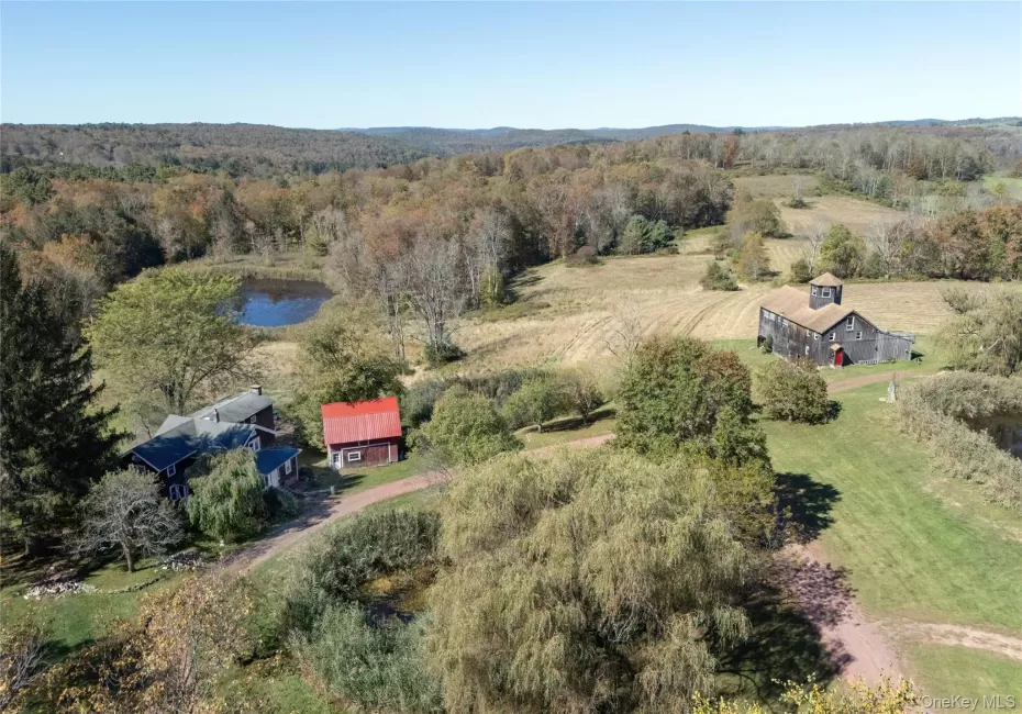 View from above of property with a pond and a wooded area View from above of property with a pond and a wooded area