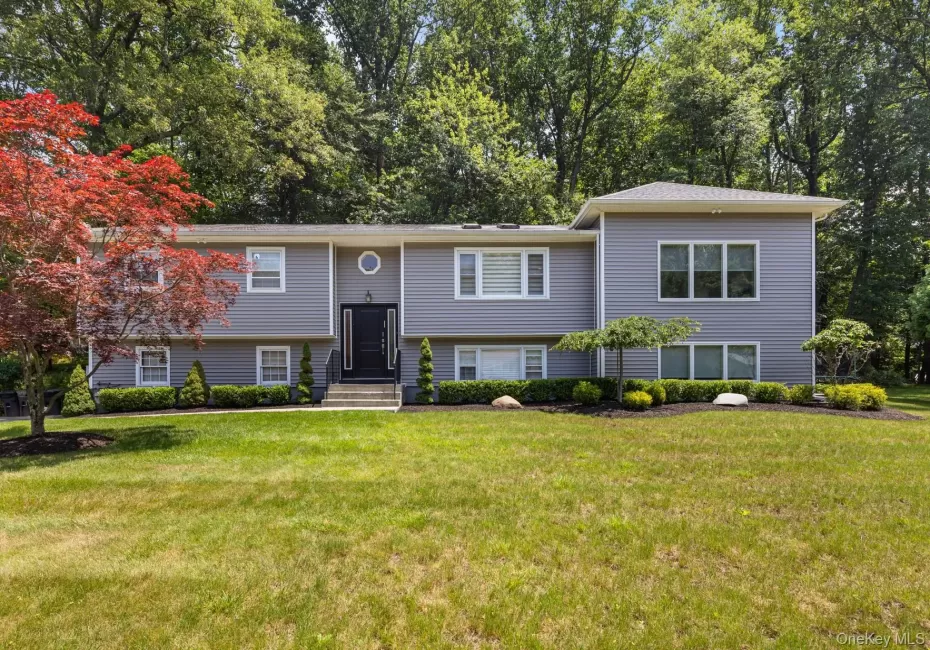 Raised ranch with a front yard and view of scattered trees Raised ranch with a front yard and view of scattered trees