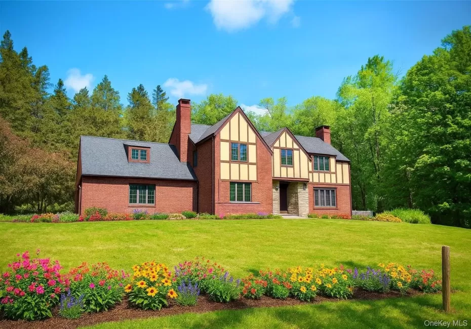 English style home with a chimney, board and batten siding, and a front lawn English style home with a chimney, board and batten siding, and a front lawn