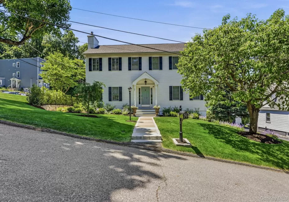 White clapboard exterior with black shutters, a covered entry, and a light blue front door White clapboard exterior with black shutters, a covered entry, and a light blue front door