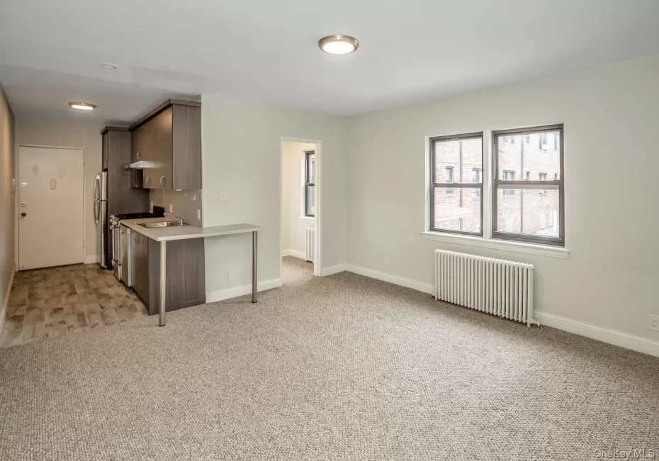 Kitchen with radiator, light colored carpet, light countertops, and baseboards Kitchen with radiator, light colored carpet, light countertops, and baseboards