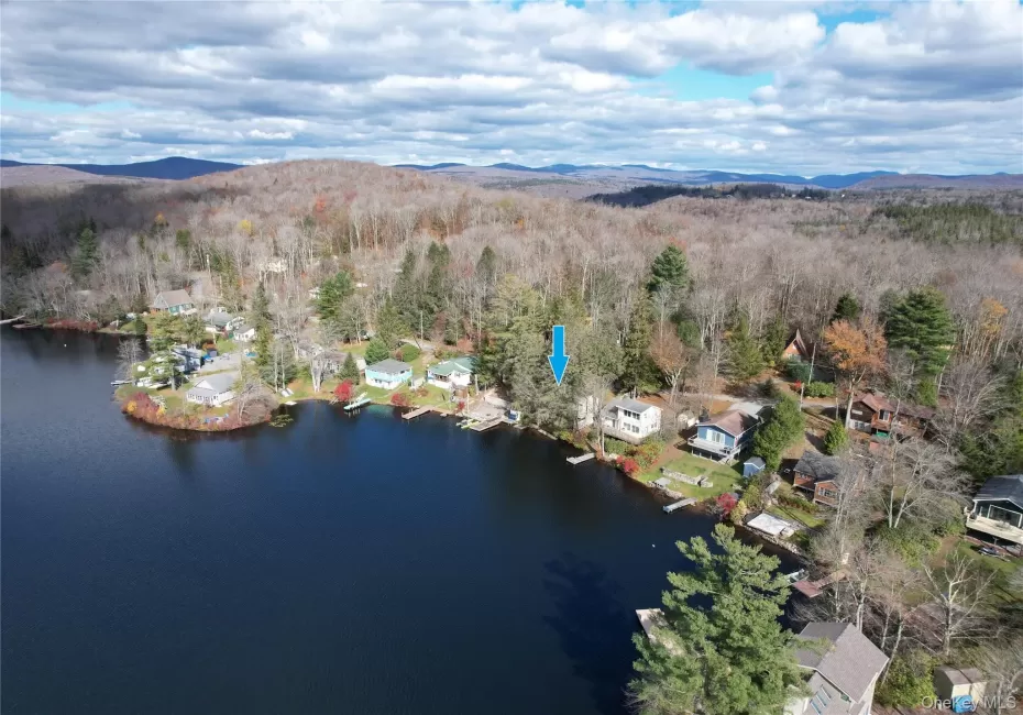 Aerial view of property's location with a heavily wooded area and a mountain backdrop Aerial view of property's location with a heavily wooded area and a mountain backdrop