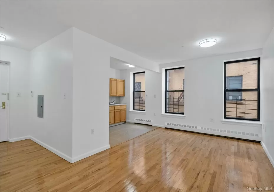 Unfurnished living room with light wood-type flooring, a baseboard radiator, and electric panel Unfurnished living room with light wood-type flooring, a baseboard radiator, and electric panel