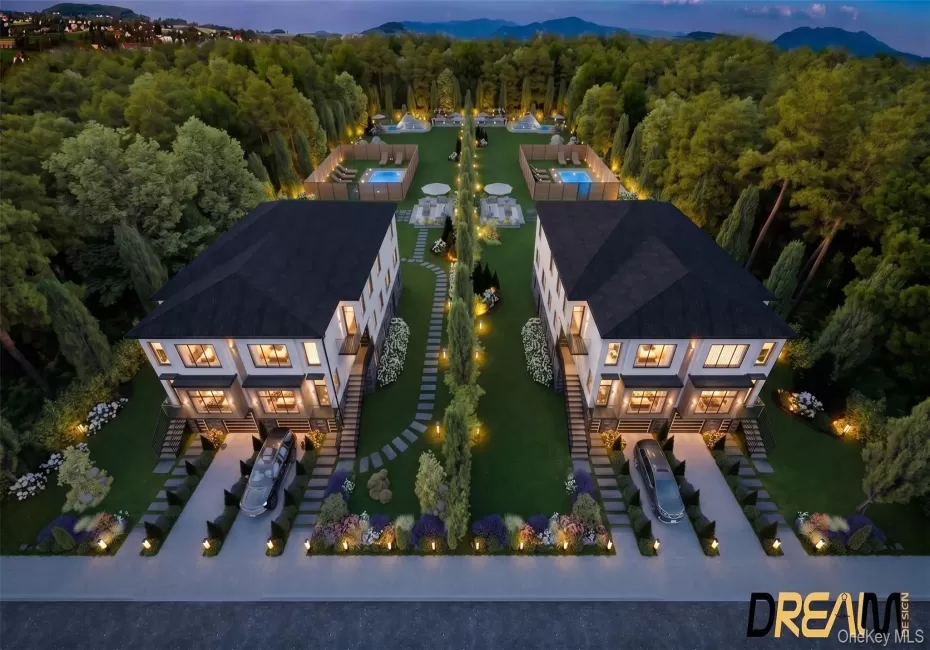 Modern twin residences featuring white exterior siding, dark roofs, and multiple windows Modern twin residences featuring white exterior siding, dark roofs, and multiple windows