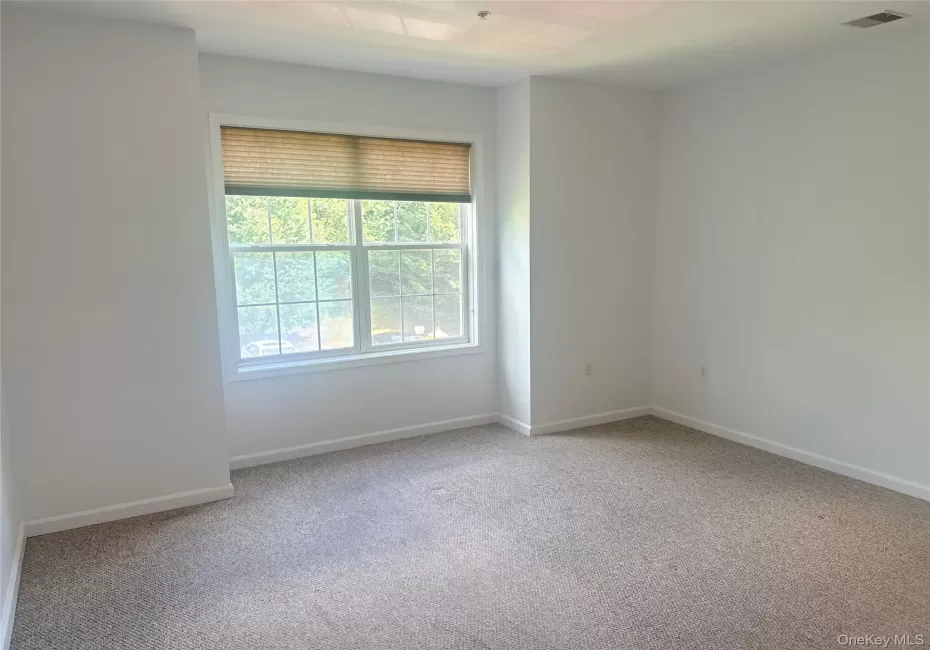 Room featuring neutral carpeting, white painted walls, a large multi-pane window, and a ceiling-mounted light fixture Room featuring neutral carpeting, white painted walls, a large multi-pane window, and a ceiling-mounted light fixture