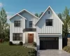 Modern farmhouse featuring board and batten siding, a metal roof, a standing seam roof, and a garage Modern farmhouse featuring board and batten siding, a metal roof, a standing seam roof, and a garage