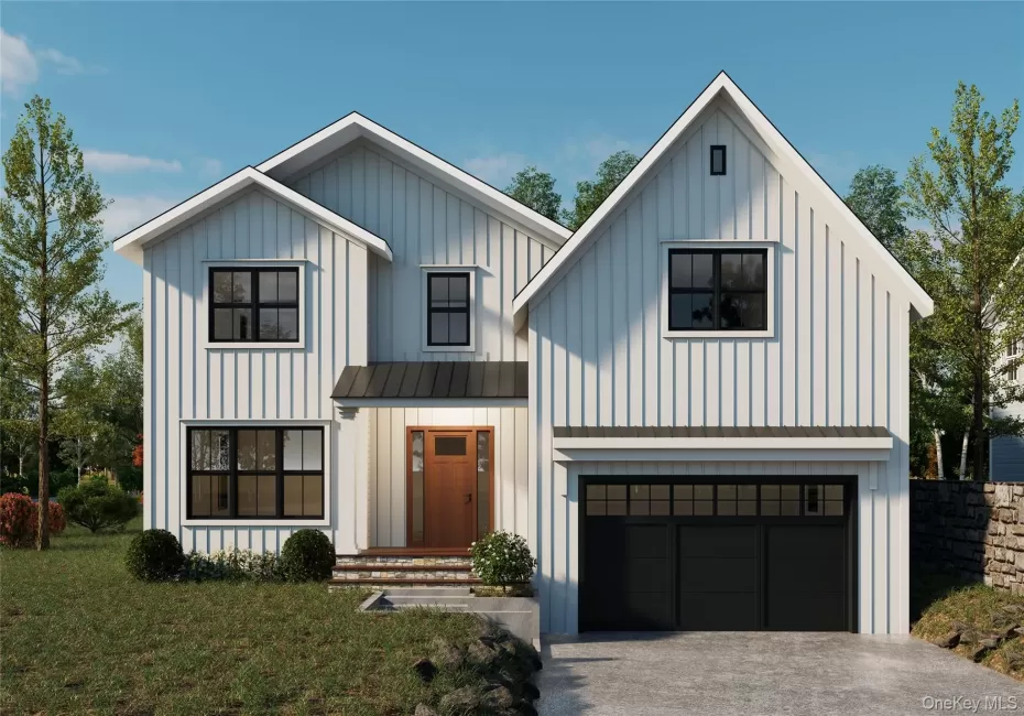 Modern farmhouse featuring board and batten siding, a metal roof, a standing seam roof, and a garage Modern farmhouse featuring board and batten siding, a metal roof, a standing seam roof, and a garage