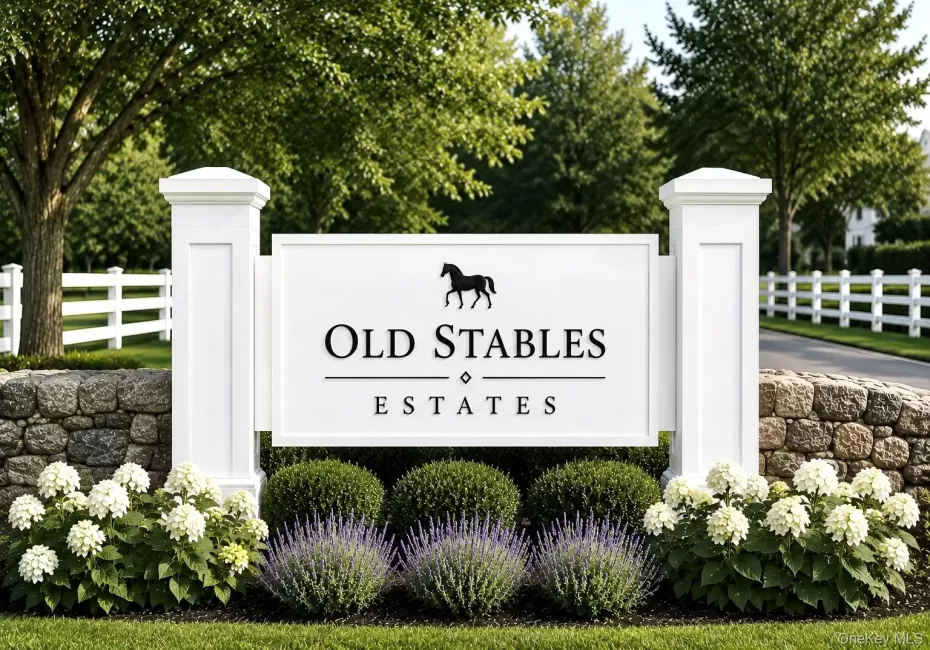 Future Entry sign featuring white posts and a stone wall base! WELCOME TO OLD STABLES ESTATES Future Entry sign featuring white posts and a stone wall base! WELCOME TO OLD STABLES ESTATES