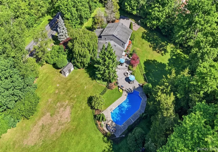 Expansive property featuring a large in-ground pool, extensive paved patio, substantial green space, mature trees, and a detached storage shed Expansive property featuring a large in-ground pool, extensive paved patio, substantial green space, mature trees, and a detached storage shed