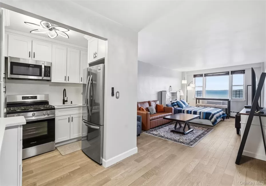 Kitchen featuring stainless steel appliances, white cabinetry, open floor plan, light wood-type flooring, and light stone counters Kitchen featuring stainless steel appliances, white cabinetry, open floor plan, light wood-type flooring, and light stone counters