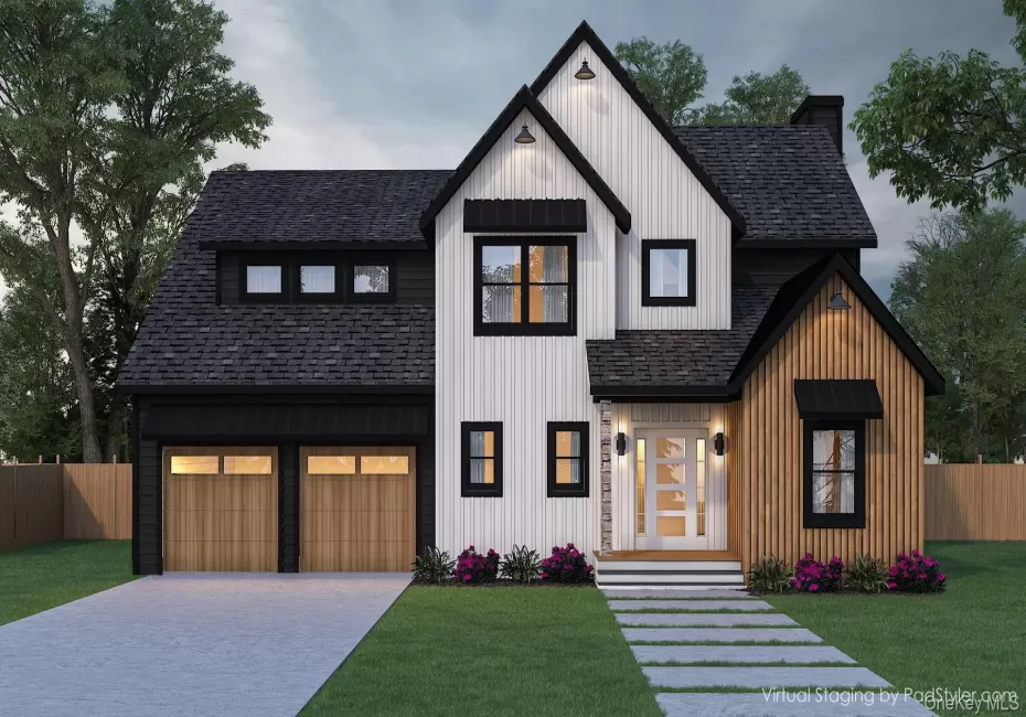 Modern farmhouse style home featuring a shingled roof, decorative driveway, and a garage Modern farmhouse style home featuring a shingled roof, decorative driveway, and a garage