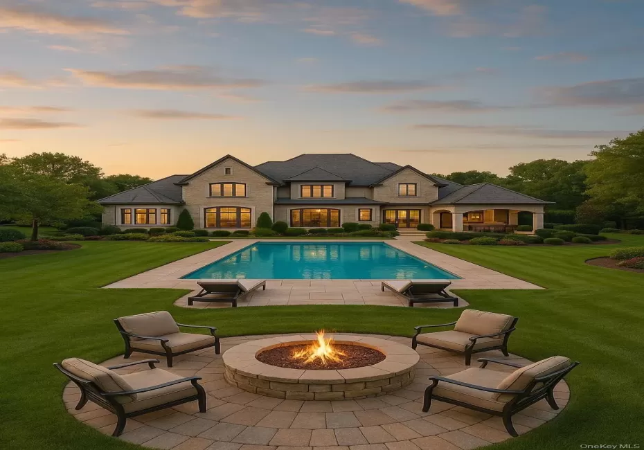 Pool at dusk featuring a patio, a yard, and an outdoor pool Pool at dusk featuring a patio, a yard, and an outdoor pool