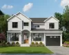 Modern farmhouse featuring a front yard, board and batten siding, decorative driveway, an attached garage, and stone siding Modern farmhouse featuring a front yard, board and batten siding, decorative driveway, an attached garage, and stone siding