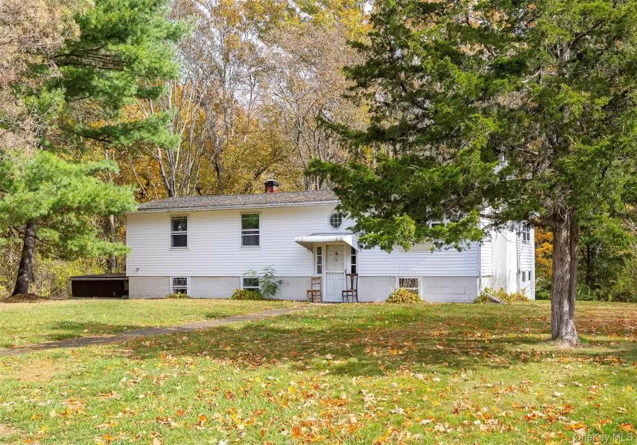 View of front of property featuring a front yard, a chimney, and view of scattered trees View of front of property featuring a front yard, a chimney, and view of scattered trees