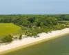 Expansive waterfront property featuring a sandy beach, mature tree line, and tranquil bay Expansive waterfront property featuring a sandy beach, mature tree line, and tranquil bay