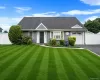 Cape Cod residence featuring blue siding, white trim, a dark asphalt shingle roof, a single garage, and a paved driveway Cape Cod residence featuring blue siding, white trim, a dark asphalt shingle roof, a single garage, and a paved driveway