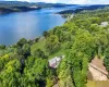 Drone / aerial view of a heavily wooded area and a water and mountain view Drone / aerial view of a heavily wooded area and a water and mountain view