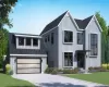 Modern farmhouse style home with board and batten siding, a front lawn, driveway, and a metal roof Modern farmhouse style home with board and batten siding, a front lawn, driveway, and a metal roof