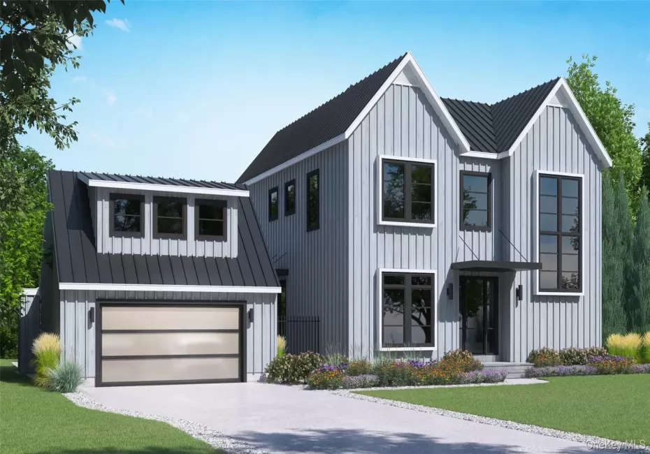 Modern farmhouse style home with board and batten siding, a front lawn, driveway, and a metal roof Modern farmhouse style home with board and batten siding, a front lawn, driveway, and a metal roof